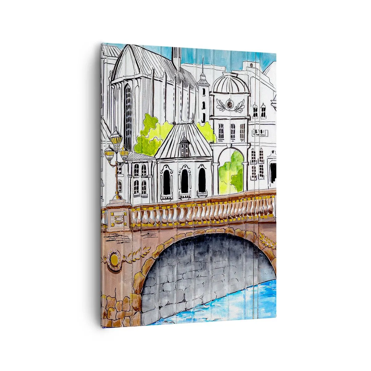 Obraz na płótnie - Rysunek mostu i zabytkowej architektury miejskiej - 70x100cm - Miasto jak malowane - Nowoczesna dekoracja ścienna do salonu i sypialni ARTTOR