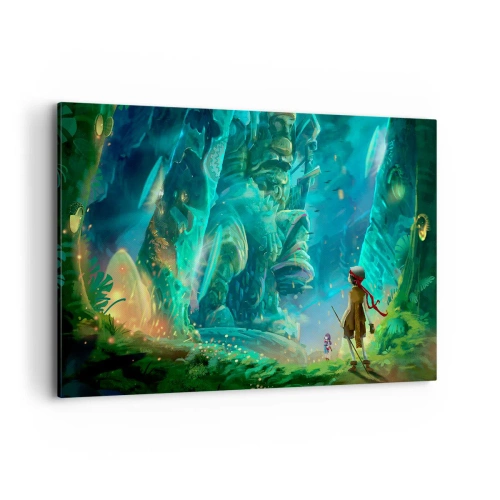 Obraz na płótnie - Magiczny las z postacią odkrywcy - 120x80cm - Z wielkiej Księgi Baśni - Nowoczesna dekoracja ścienna do salonu, kuchni i sypialni ARTTOR
