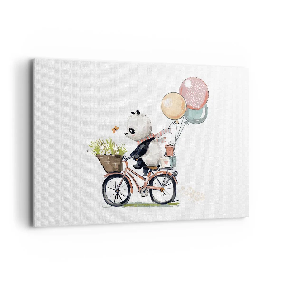 Obraz na płótnie - Panda na rowerze z balonami i kwiatami - 120x80cm - Szczęśliwy dzień - Nowoczesna dekoracja ścienna do salonu, kuchni i sypialni ARTTOR