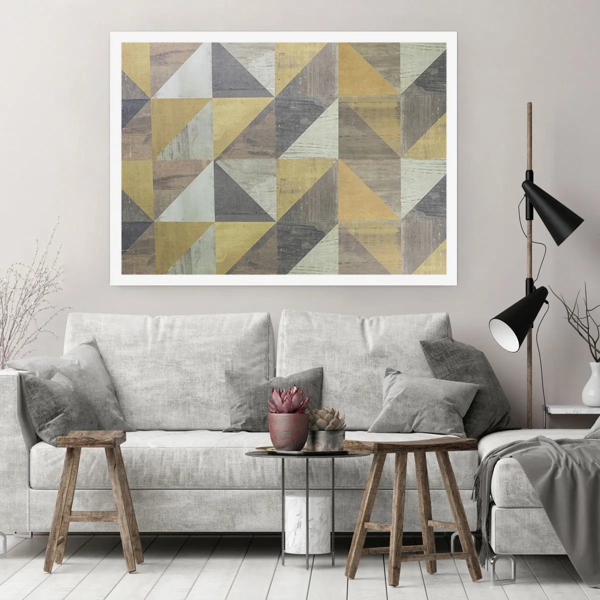 Plakat - Geometryczna kompozycja trójkątów w odcieniach ziemi - 100x70cm - Pod kątem trójkąta - Nowoczesna dekoracja ścienna do salonu i sypialni ARTTOR