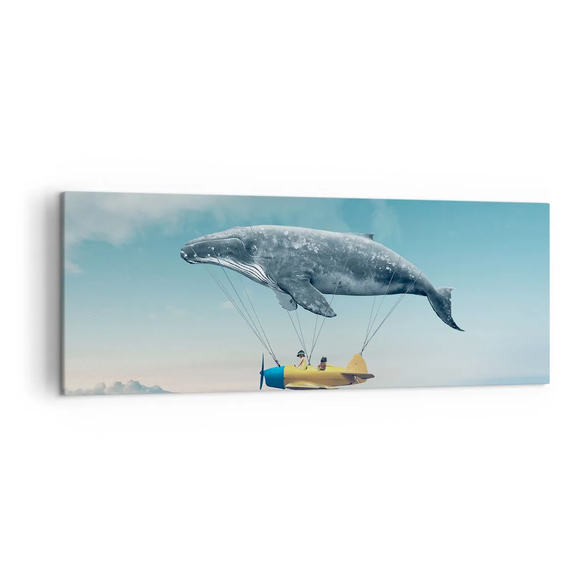 Obraz na płótnie - Latający wieloryb unoszący samolot w surrealistycznej scenerii - 140x50cm - Dlaczego nie? - Nowoczesna dekoracja ścienna do salonu i sypialni ARTTOR