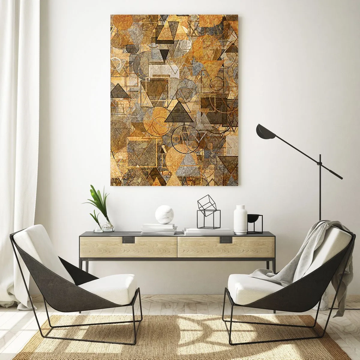 Obraz na szkle - Abstrakcyjna kompozycja geometryczna w ciepłych tonacjach - 50x70cm - Świat ujęty w formę - Nowoczesna dekoracja ścienna do salonu, kuchni i sypialni ARTTOR