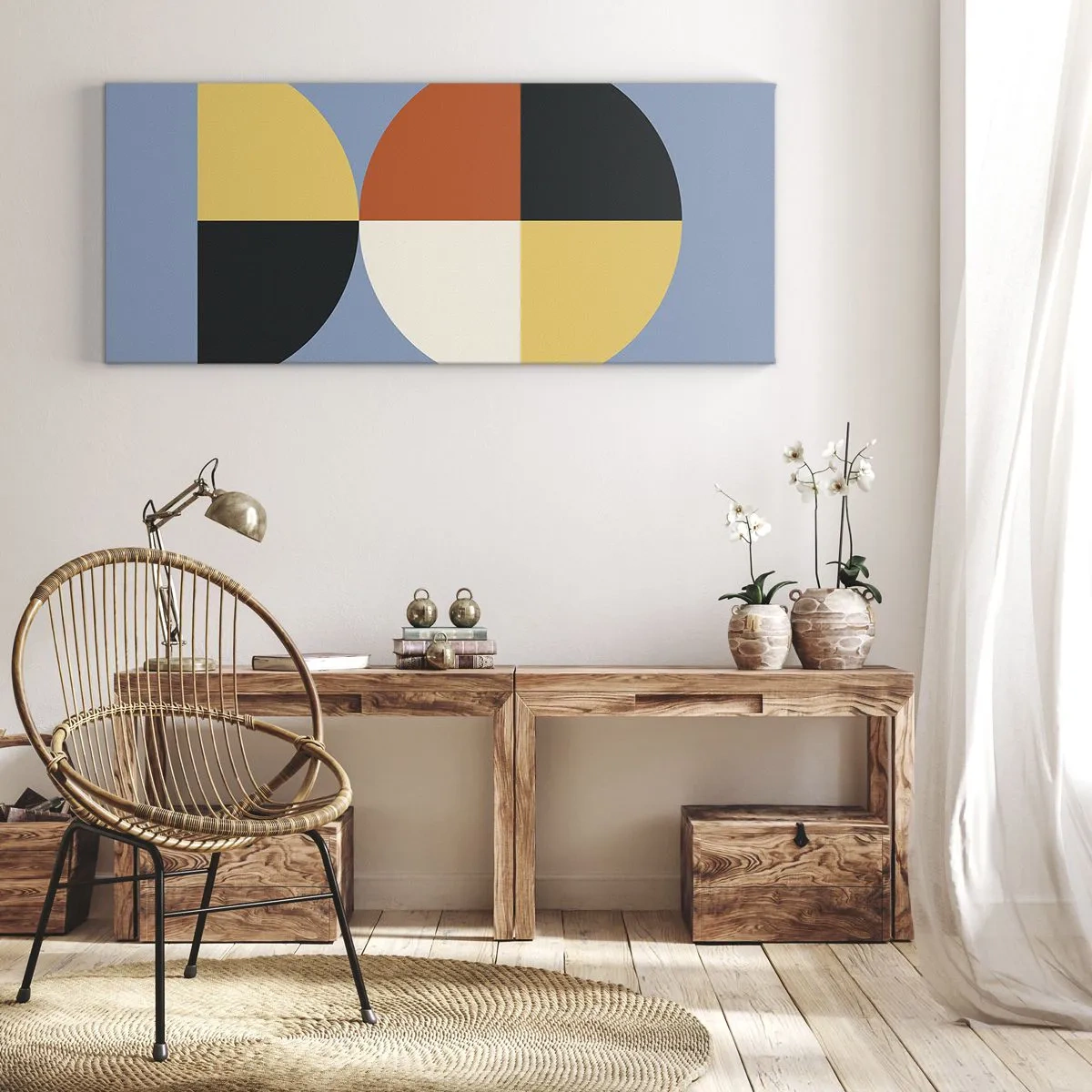 Obraz na płótnie - Geometryczne koła na błękitnym tle - 160x50cm - Patrz i licz - Nowoczesna dekoracja ścienna do salonu i sypialni ARTTOR
