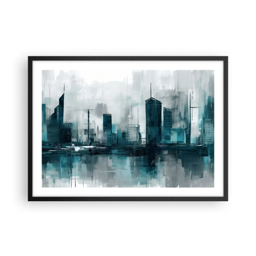 Plakat w czarnej ramie - Nowoczesne miasto w odcieniach turkusu i szarości - 70x50cm - Miasto w kolorze deszczu - Nowoczesna dekoracja ścienna do salonu i sypialni ARTTOR