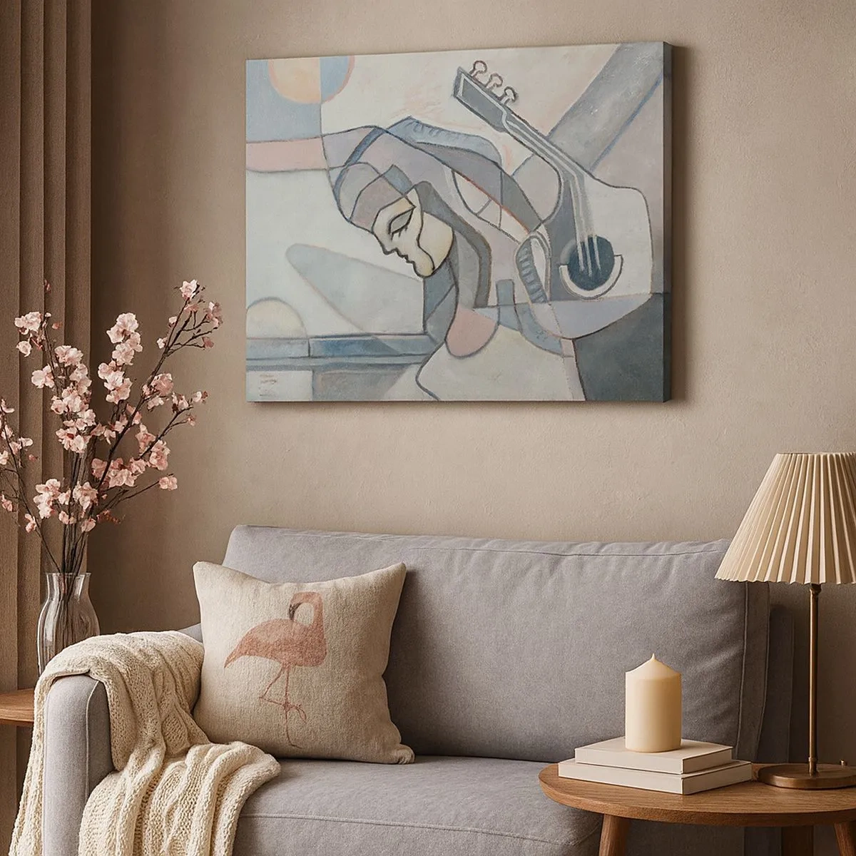 Obraz na płótnie - Abstrakcyjna postać z gitarą w pastelowej kolorystyce - 70x50cm - We władzy muzyki - Nowoczesna dekoracja ścienna do salonu i sypialni ARTTOR