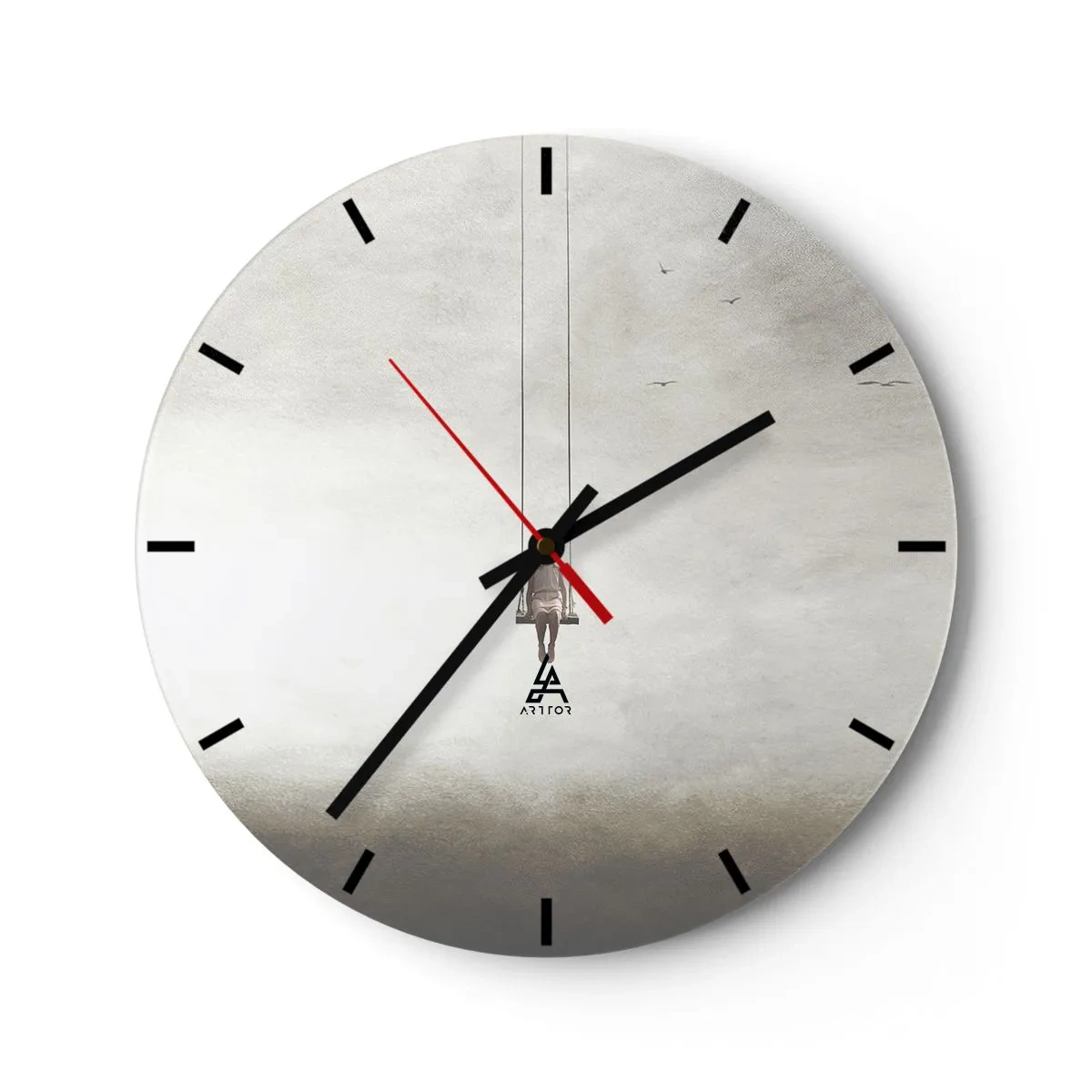 Zegar ścienny - Postać na huśtawce zawieszonej w minimalistycznej przestrzeni - 30x30cm - Dziecko w nas - Nowoczesna dekoracja ścienna do salonu, kuchni i sypialni ARTTOR