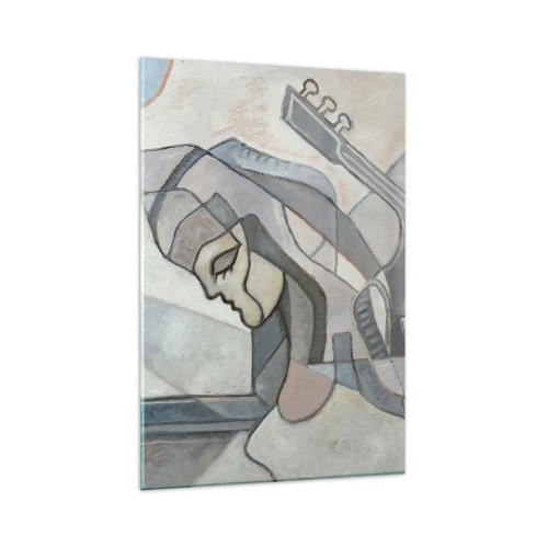 Obraz na szkle - Abstrakcyjna postać z gitarą w pastelowej kolorystyce - 80x120cm - We władzy muzyki - Nowoczesna dekoracja ścienna do salonu i sypialni ARTTOR