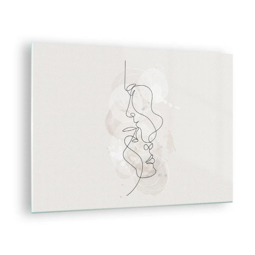 Obraz na szkle - Minimalistyczny rysunek twarzy dwóch osób w subtelnym, zmysłowym uścisku - 70x50cm - Splątani w uścisku - Nowoczesna dekoracja ścienna do salonu i sypialni ARTTOR
