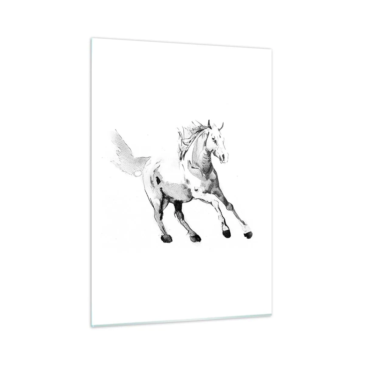 Obraz na szkle - Czarno-biały szkic galopującego konia na białym tle - 50x70cm - Nieujarzmiona dusza - Nowoczesna dekoracja ścienna do salonu, kuchni i sypialni ARTTOR