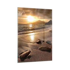 Obraz na szkle - Zachód słońca nad kamienistą plażą i wzgórzami - 50x70cm - Idź za słońcem ku wzgórzom - Nowoczesna dekoracja ścienna do salonu, kuchni i sypialni ARTTOR