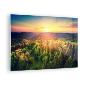 Obraz na szkle - Zachód słońca nad górskim lasem z widokiem na doliny - 70x50cm - Wierzchołki i szczyty - Nowoczesna dekoracja ścienna do salonu i sypialni ARTTOR