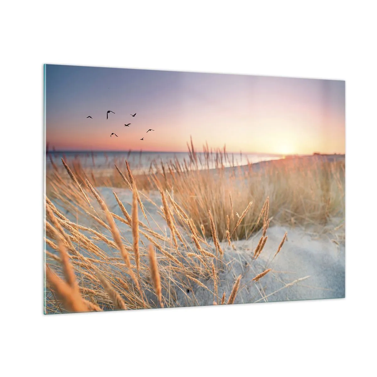 Obraz na szkle - Plaża z trawami i zachodzącym słońcem nad morzem - 100x70cm - Bałtycka kołysanka - Nowoczesna dekoracja ścienna do salonu, kuchni i sypialni ARTTOR