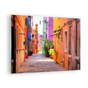 Obraz na szkle - Kolorowa uliczka z kamienicami w ciepłych odcieniach - 70x50cm - Tęczowy zaułek - Nowoczesna dekoracja ścienna do salonu i sypialni ARTTOR