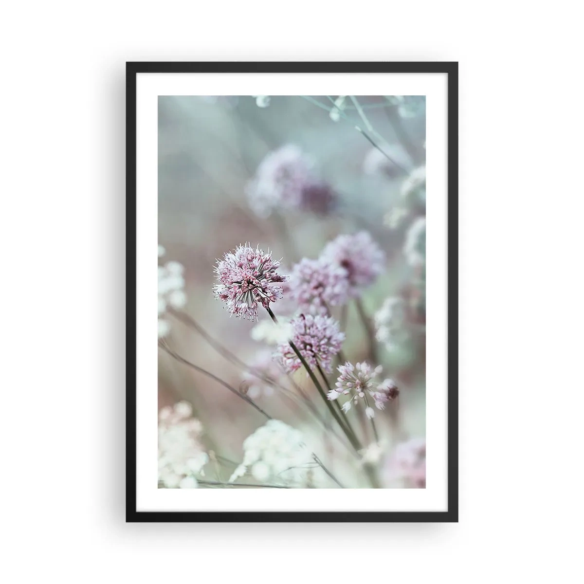 Plakat w czarnej ramie - Delikatne kwiaty w pastelowych barwach - 50x70cm - Słodkie filigrany ziół - Nowoczesna dekoracja ścienna do salonu i sypialni ARTTOR