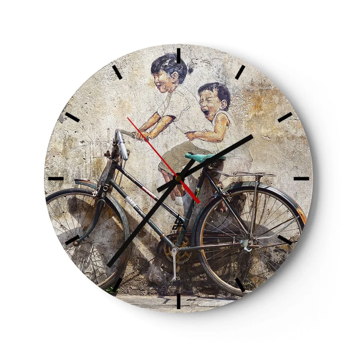 Zegar ścienny - Mur z malowidłem dzieci na rowerze - 30x30cm - Prawda czy fałsz? - Nowoczesna dekoracja ścienna do salonu, kuchni i sypialni ARTTOR