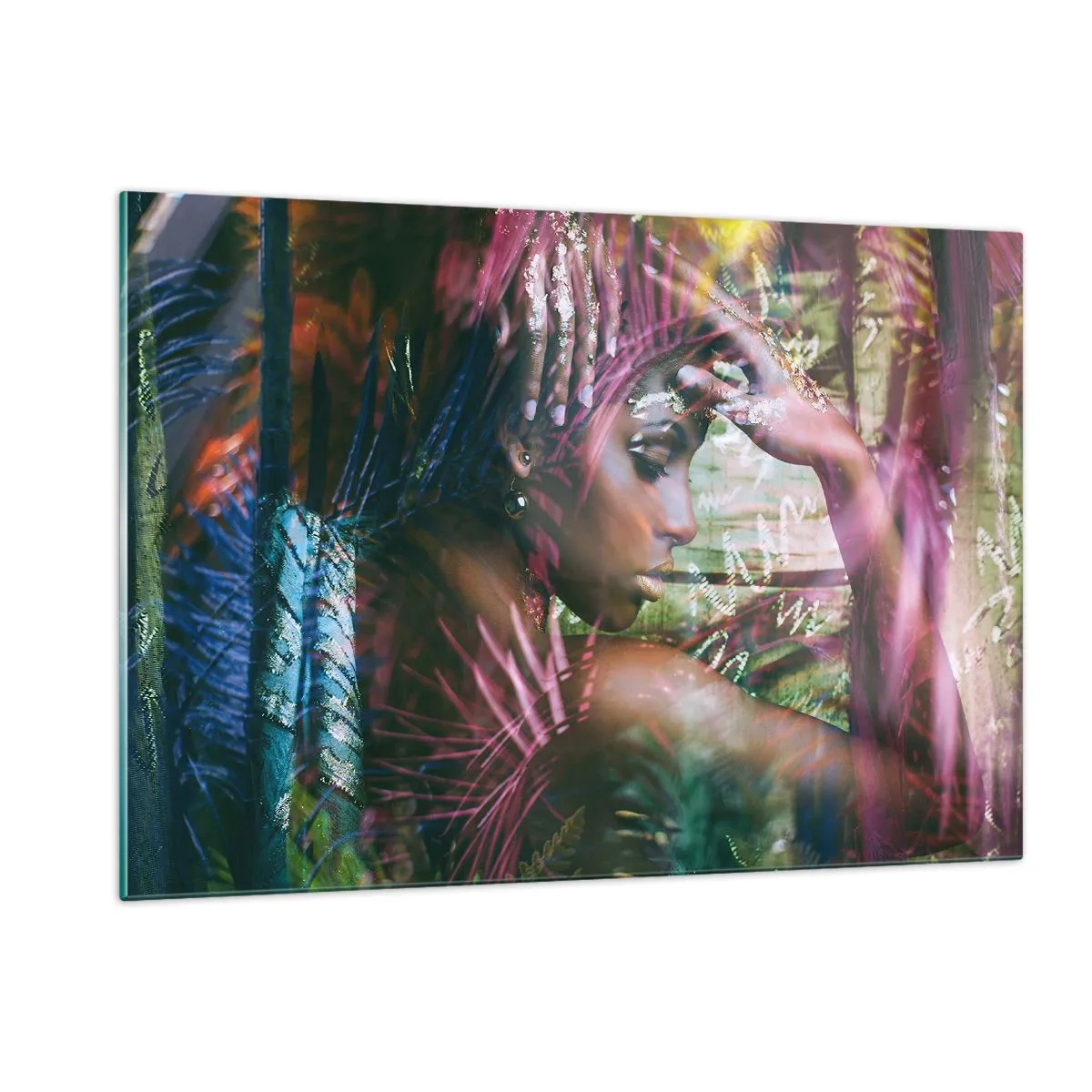 Obraz na szkle - Kobiecy portret wśród tropikalnych liści i refleksji światła - 120x80cm - Matka Natura w dżungli - Nowoczesna dekoracja ścienna do salonu, kuchni i sypialni ARTTOR