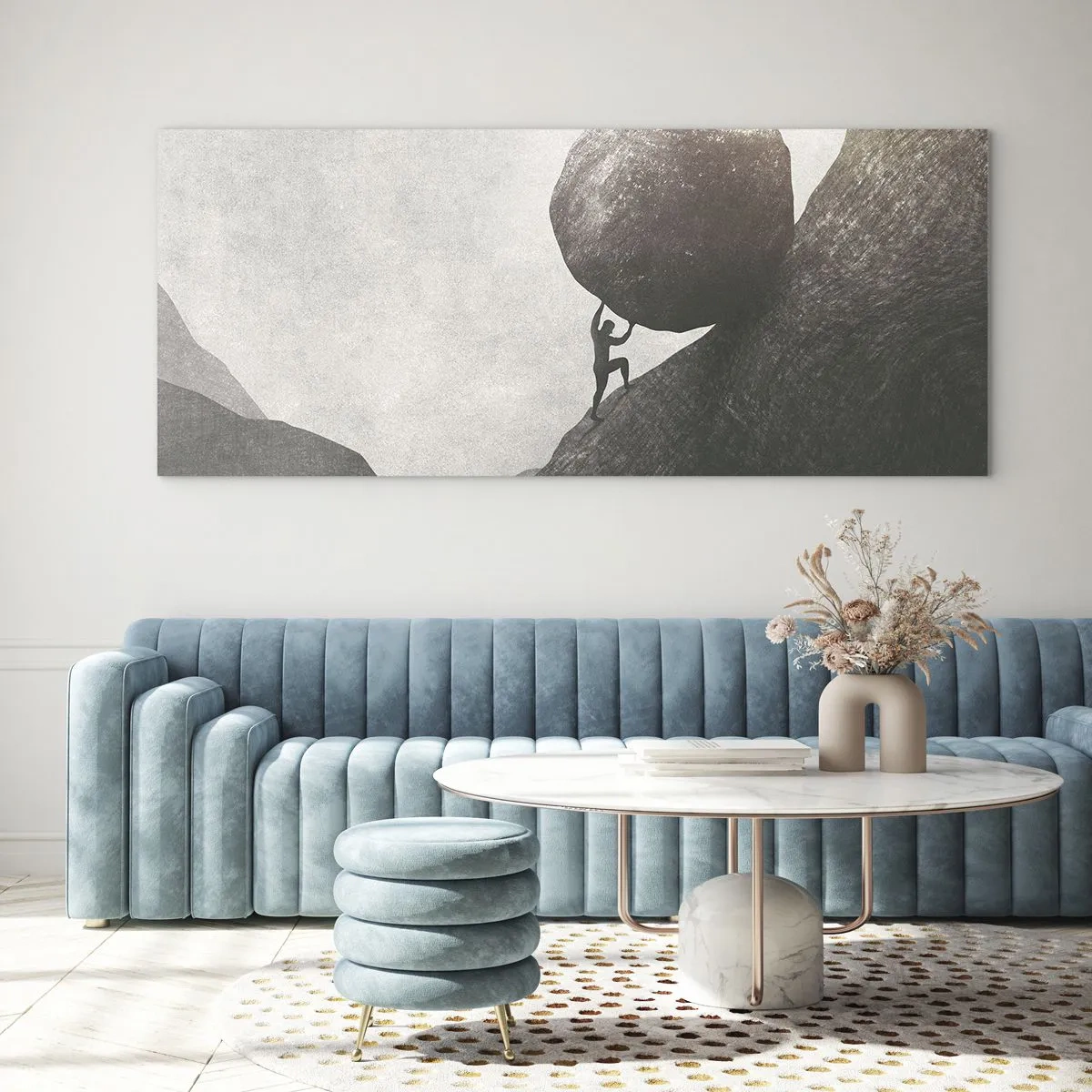 Obraz na szkle - Człowiek wspinający się z ogromnym głazem pod górę - 120x50cm - Wierzę wbrew nadziei - Nowoczesna dekoracja ścienna do salonu i sypialni ARTTOR