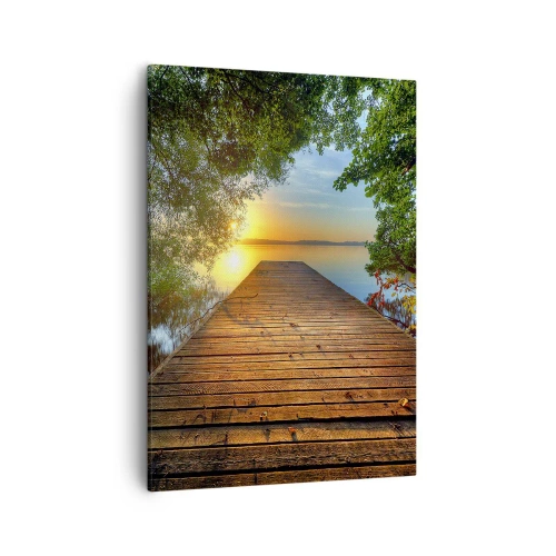 Obraz na płótnie - Drewniany pomost nad jeziorem o zachodzie słońca - 50x70cm - Nie śpiesz się, usiądź - Nowoczesna dekoracja ścienna do salonu, kuchni i sypialni ARTTOR