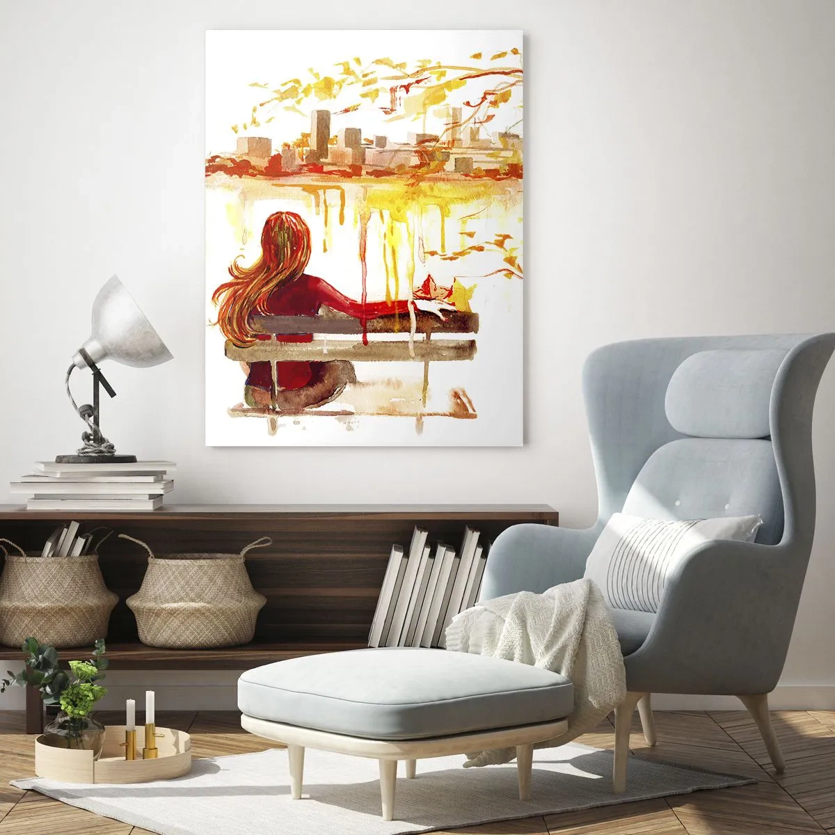 Obraz na szkle - Postać na ławce z widokiem na miasto w akwareli - 50x70cm - Chwila zadumy - Nowoczesna dekoracja ścienna do salonu, kuchni i sypialni ARTTOR
