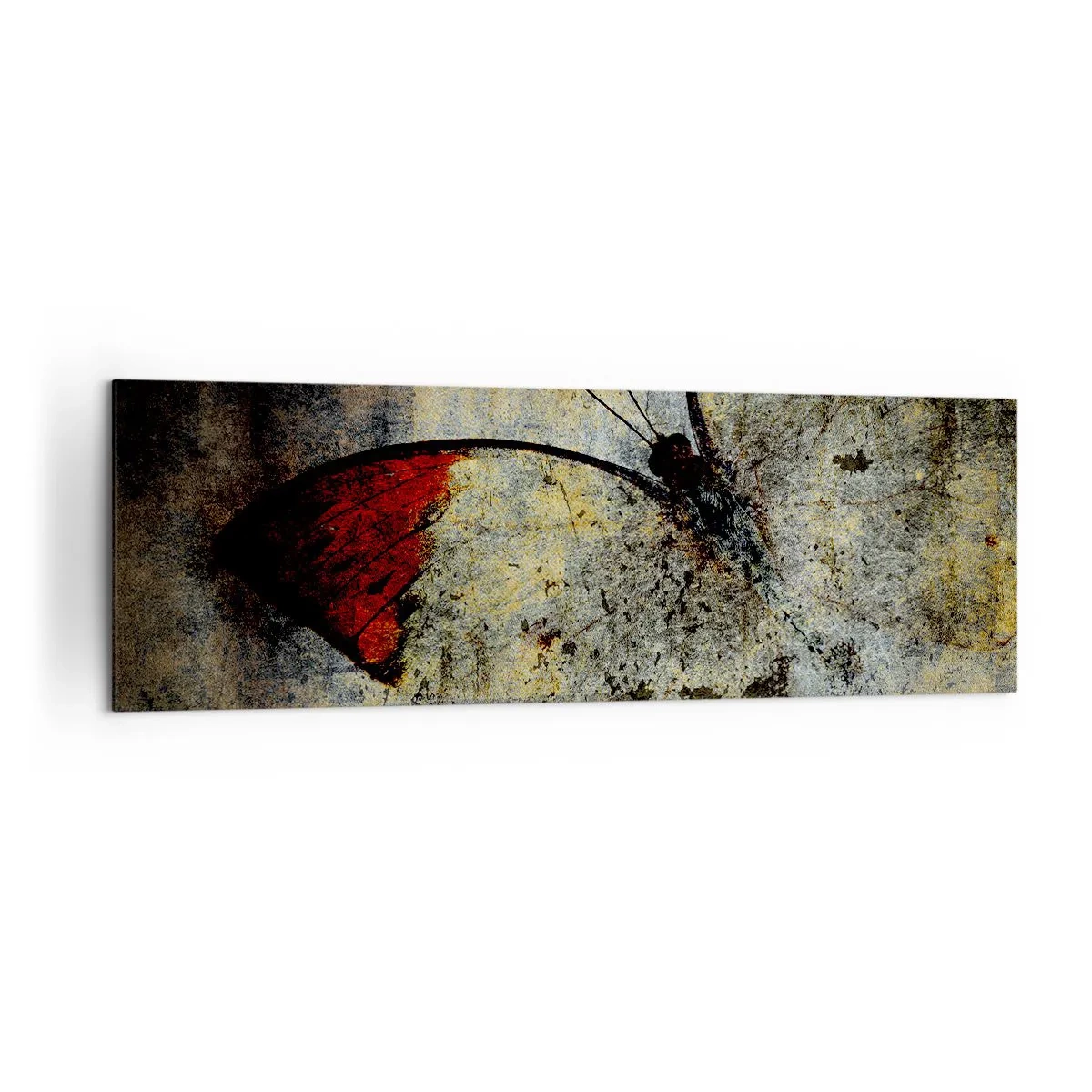 Obraz na płótnie - Motyl w odcieniach czerwieni i szarości na teksturowanym tle - 160x50cm - Patrz, zanim zniknę - Nowoczesna dekoracja ścienna do salonu i sypialni ARTTOR