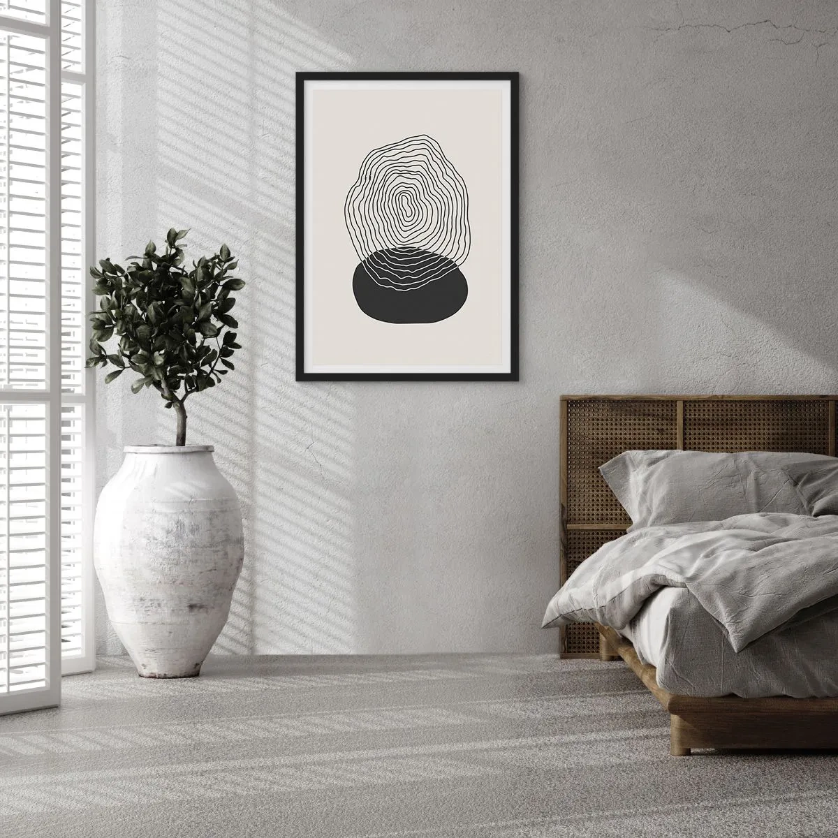 Plakat w czarnej ramie - Czarne linie tworzące abstrakcyjną formę na jasnym tle - 50x70cm - Trwanie i drganie - Nowoczesna dekoracja ścienna do salonu i sypialni ARTTOR