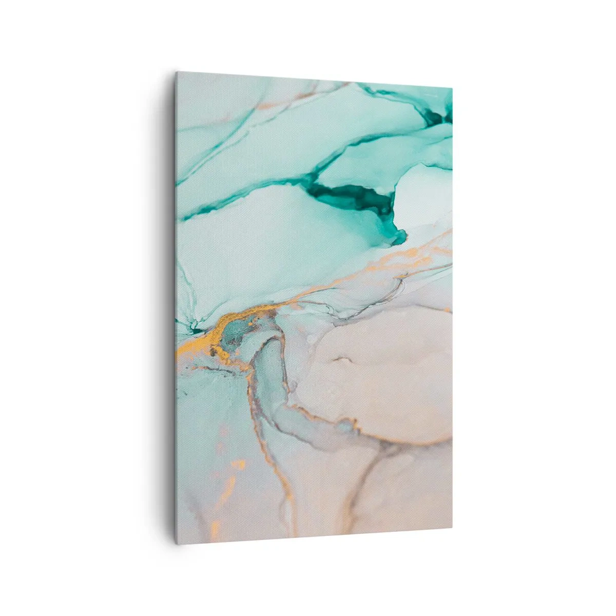 Obraz na płótnie - Abstrakcyjna kompozycja w odcieniach turkusu i złota - 80x120cm - Taniec kształtów i barw - Nowoczesna dekoracja ścienna do salonu i sypialni ARTTOR