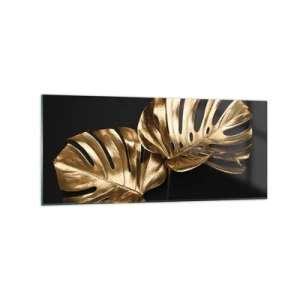 Obraz na szkle - Złote liście monstery na czarnym tle - 120x50cm - Skarby natury - Nowoczesna dekoracja ścienna do salonu i sypialni ARTTOR