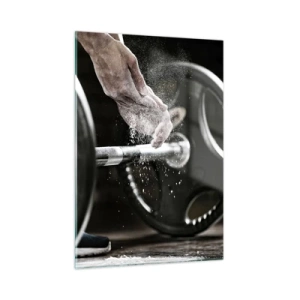 Obraz na szkle - Podnoszenie ciężarów z kredą na dłoniach i sztangą - 50x70cm - Wyzwanie podjęte! - Nowoczesna dekoracja ścienna do salonu, kuchni i sypialni ARTTOR