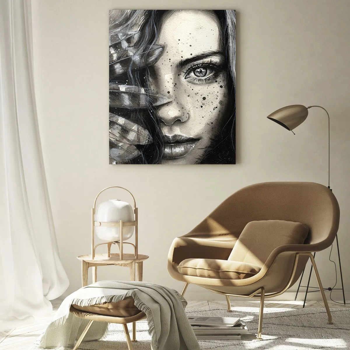 Obraz na szkle - Portret kobiety z piórami i abstrakcyjnymi detalami - 50x70cm - Dzika piękność - Nowoczesna dekoracja ścienna do salonu, kuchni i sypialni ARTTOR