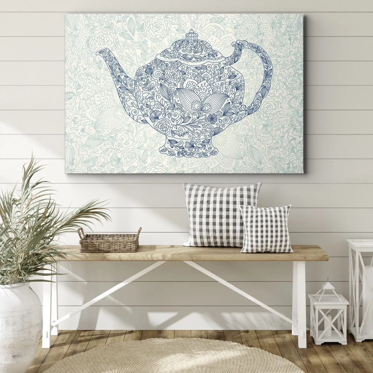 Obraz na płótnie - Dekoracyjny rysunek imbryka z ornamentami w niebieskim kolorze - 70x50cm - Herbaty czar - Nowoczesna dekoracja ścienna do salonu i sypialni ARTTOR