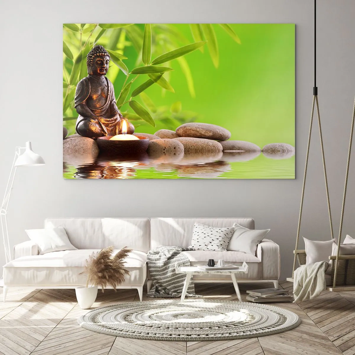 Obraz na szkle - Figura Buddy z zapaloną świecą w zielonej scenerii - 70x50cm - Życie jest piękne - Nowoczesna dekoracja ścienna do salonu i sypialni ARTTOR