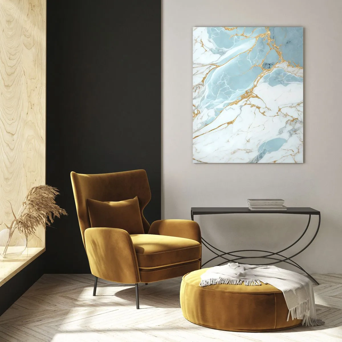 Obraz na szkle - Błękitno-białe marmurowe wzory z dodatkiem złotych żył - 70x100cm - Bogactwo kamienia - Nowoczesna dekoracja ścienna do salonu i sypialni ARTTOR