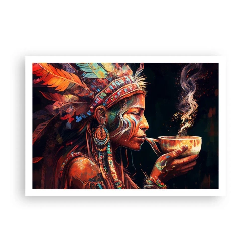Plakat - Kolorowa postać w stylu etnicznym z filiżanką parującego napoju - 100x70cm - Magiczny rytuał - Nowoczesna dekoracja ścienna do salonu i sypialni ARTTOR