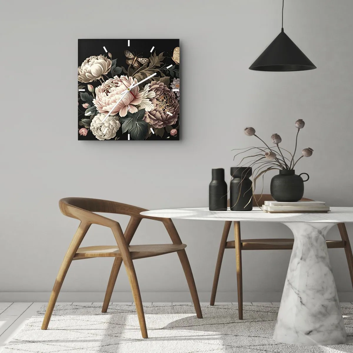 Zegar ścienny - Bukiet różowych kwiatów i motyli na czarnym tle - 30x30cm - W barokowym stylu - Nowoczesna dekoracja ścienna do salonu i sypialni ARTTOR