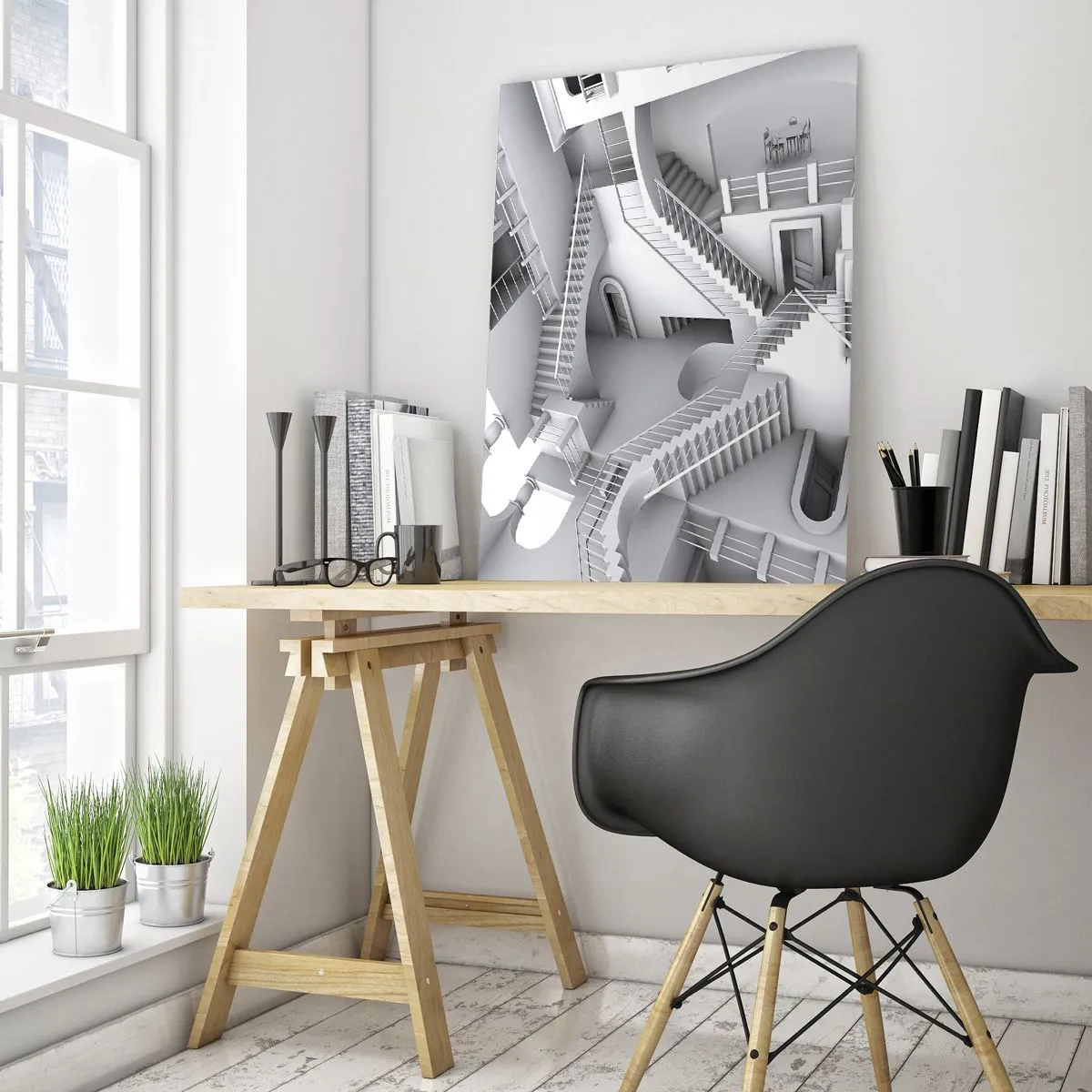 Obraz na szkle - Labirynt schodów w surrealistycznej przestrzeni - 50x70cm - Paradoksy przestrzeni - Nowoczesna dekoracja ścienna do salonu, kuchni i sypialni ARTTOR