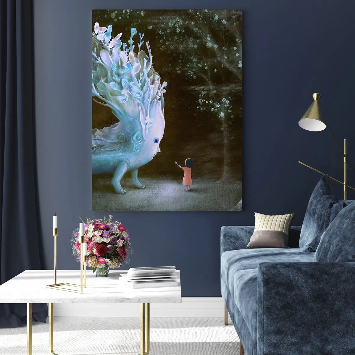 Obraz na szkle - Postać dziewczynki naprzeciw fantastycznego stworzenia - 80x120cm - Fantastyczne spotkanie - Nowoczesna dekoracja ścienna do salonu i sypialni ARTTOR