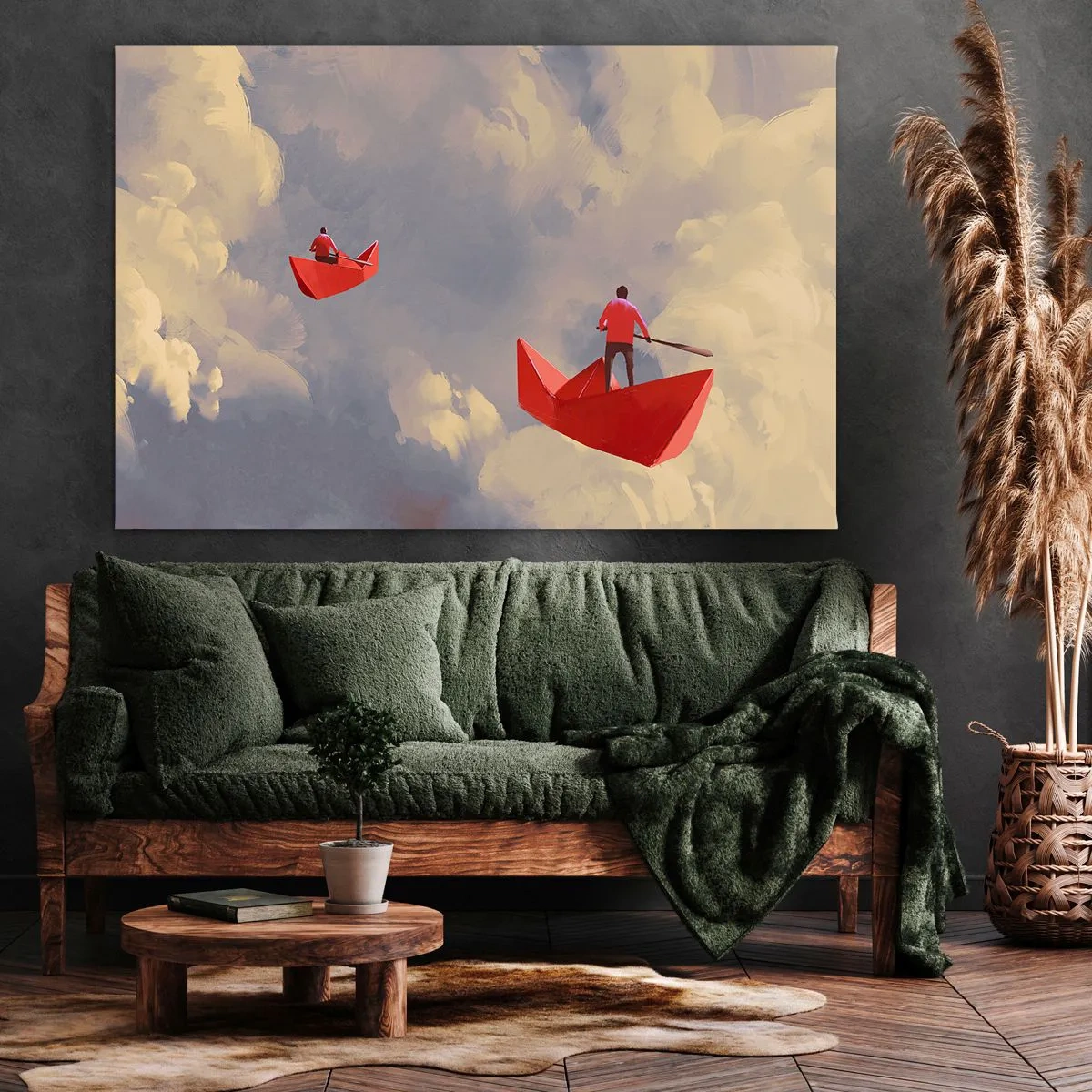 Obraz na płótnie - Czerwone papierowe łódki unoszące się w chmurach - 70x50cm - Wyprawa marzycieli - Nowoczesna dekoracja ścienna do salonu i sypialni ARTTOR