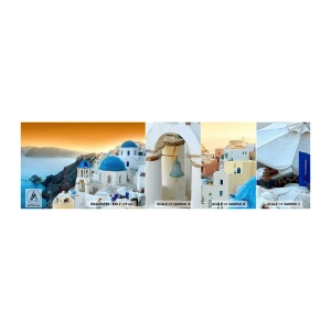 Fototapeta Próbka Samoprzylepna Deluxe Sticker - Santorini - przytulone do skał - Krajobraz, Grecja, Santorini - 100x30 cm