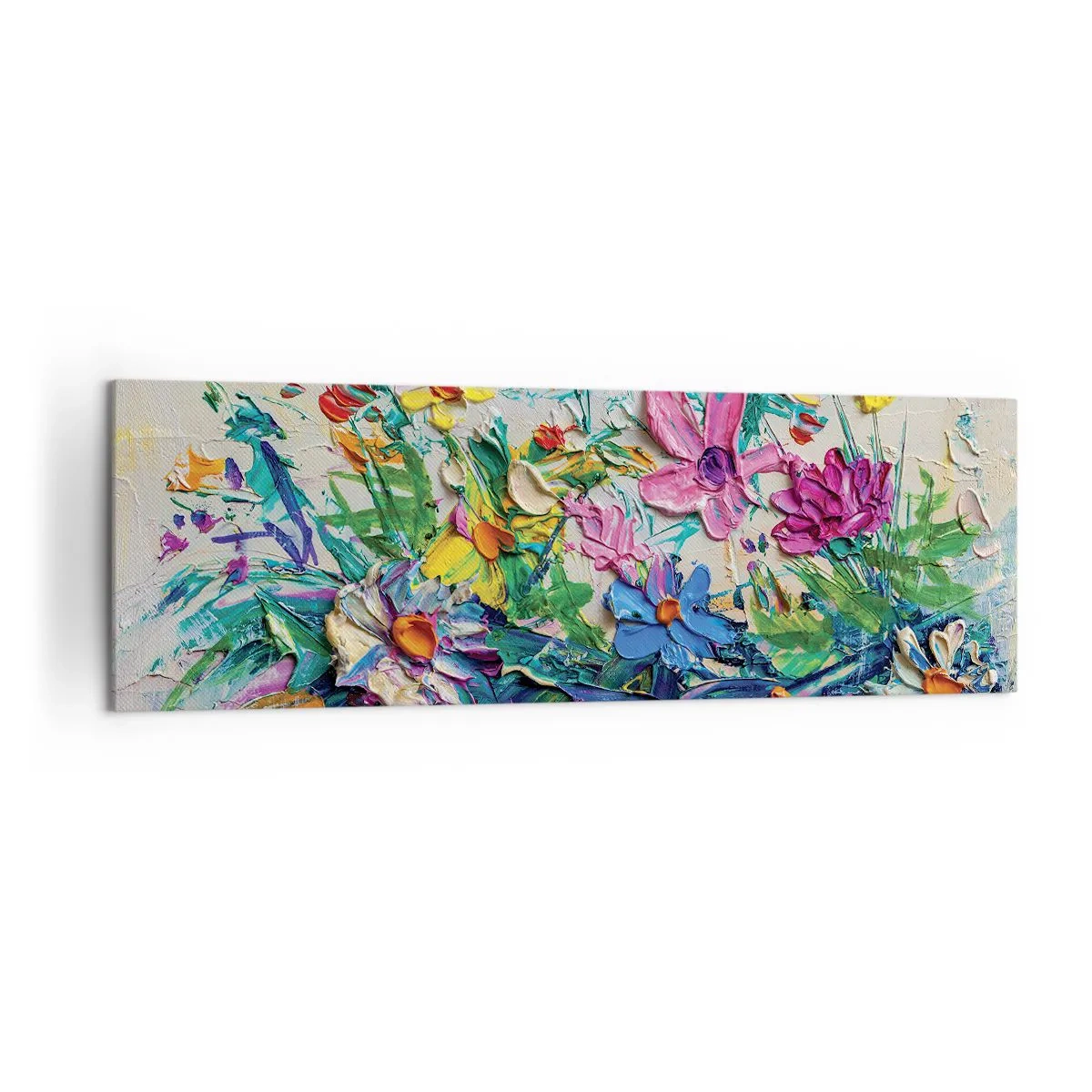 Obraz na płótnie - Kolorowy bukiet kwiatów namalowany techniką impasto - 160x50cm - Wcale nie-martwa natura - Nowoczesna dekoracja ścienna do salonu i sypialni ARTTOR