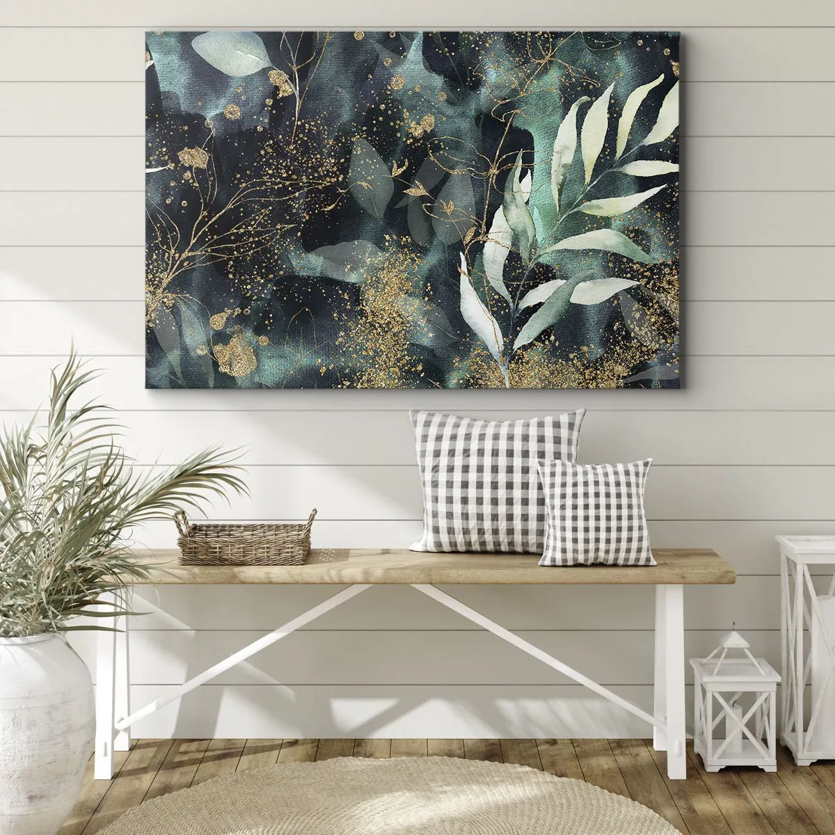Obraz na płótnie - Eleganckie liście na ciemnym tle z złotymi akcentami - 70x50cm - Zaczarowany ogród - Nowoczesna dekoracja ścienna do salonu i sypialni ARTTOR