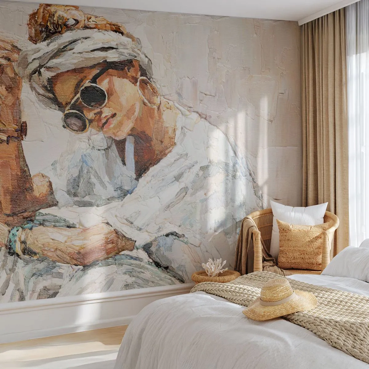 Fototapeta Premium Sand - Portret kobiety w okularach i turbanie w stylu impasto - 100x70cm - Portret w pełnym słońcu - Nowoczesna dekoracja ścienna do salonu, kuchni i sypialni ARTTOR