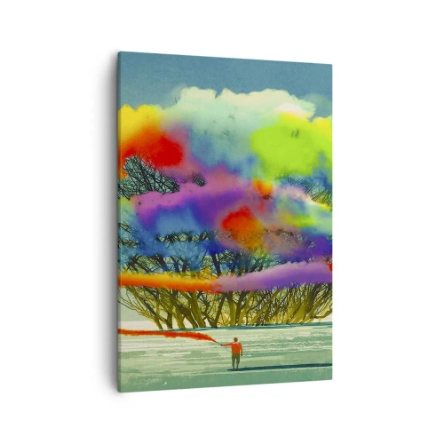 Obraz na płótnie - Postać z kolorowym dymem unoszącym się nad zimowym krajobrazem - 50x70cm - Ożywić ten świat - Nowoczesna dekoracja ścienna do salonu, kuchni i sypialni ARTTOR