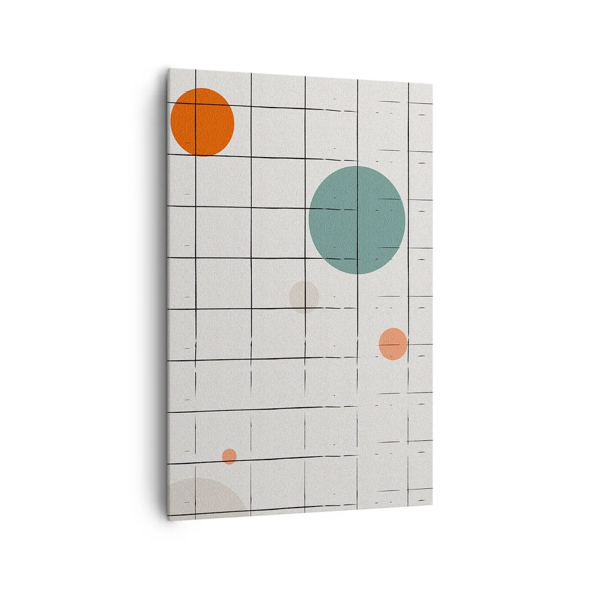 Obraz na płótnie - Abstrakcyjne okręgi w kolorach na tle geometrycznej siatki - 80x120cm - Uwięzione. My czy one? - Nowoczesna dekoracja ścienna do salonu i sypialni ARTTOR