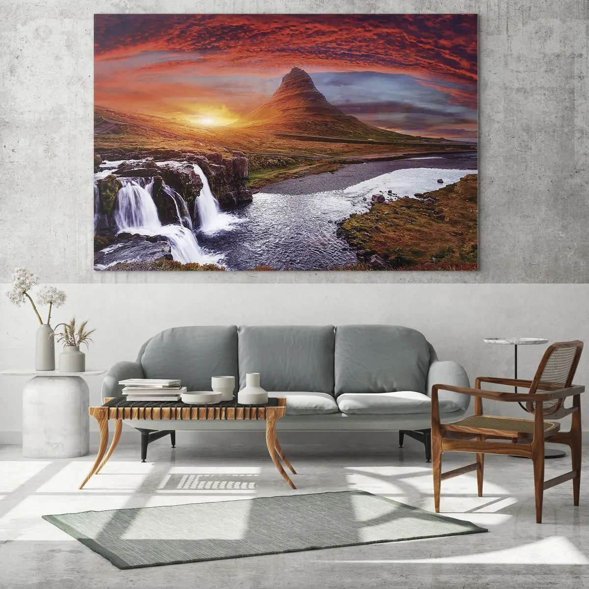 Obraz na szkle - Górski krajobraz z wodospadem i zachodem słońca - 70x50cm - Widok Śródziemia - Nowoczesna dekoracja ścienna do salonu i sypialni ARTTOR