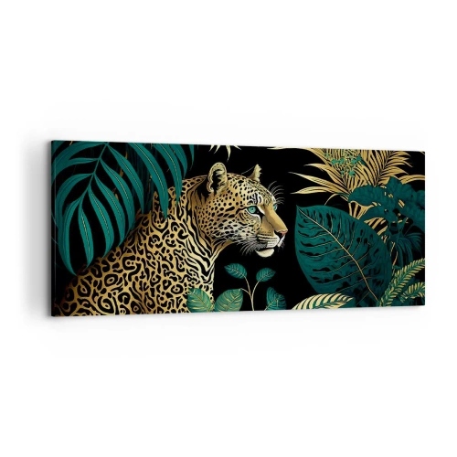 Obraz na płótnie - Leopard w tropikalnych liściach na czarnym tle - 120x50cm - Gospodarz w dżungli - Nowoczesna dekoracja ścienna do salonu i sypialni ARTTOR