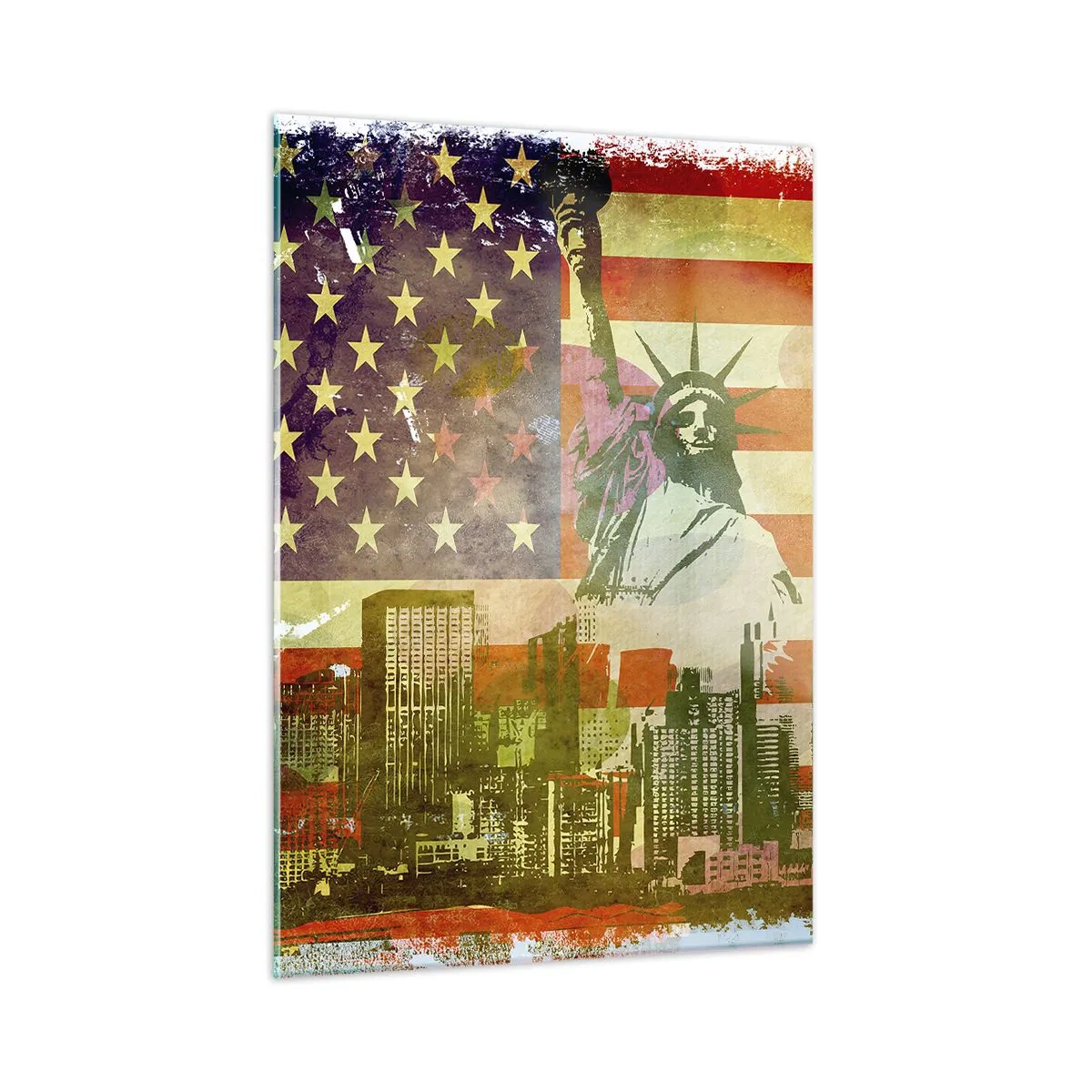 Obraz na szkle - Flaga USA z sylwetką Statuy Wolności i miejskim krajobrazem - 50x70cm - Viva America! - Nowoczesna dekoracja ścienna do salonu, kuchni i sypialni ARTTOR