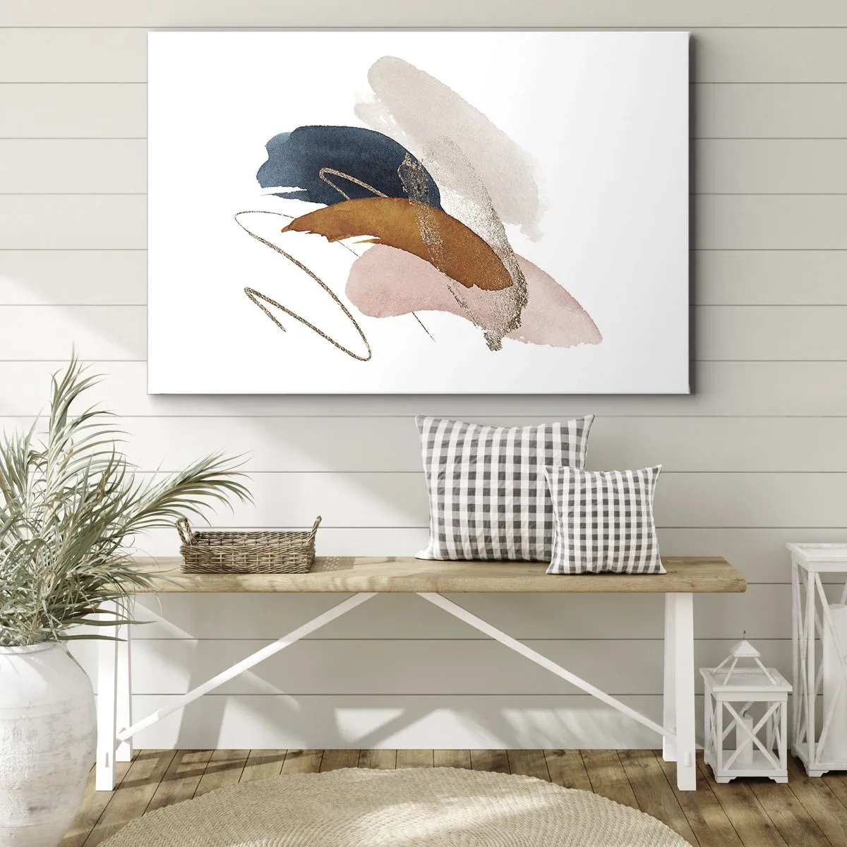 Obraz na płótnie - Abstrakcyjne pociągnięcia w pastelowych kolorach z akcentami złota - 70x50cm - Kompozycja uskrzydlona - Nowoczesna dekoracja ścienna do salonu i sypialni ARTTOR
