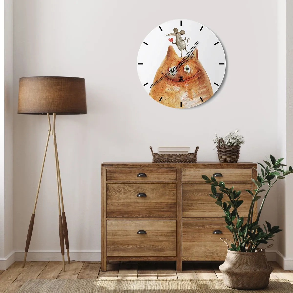 Zegar ścienny - Ilustracja kota i myszy z sercem w humorystycznym stylu - 30x30cm - Paradoksy miłości - Nowoczesna dekoracja ścienna do salonu, kuchni i sypialni ARTTOR