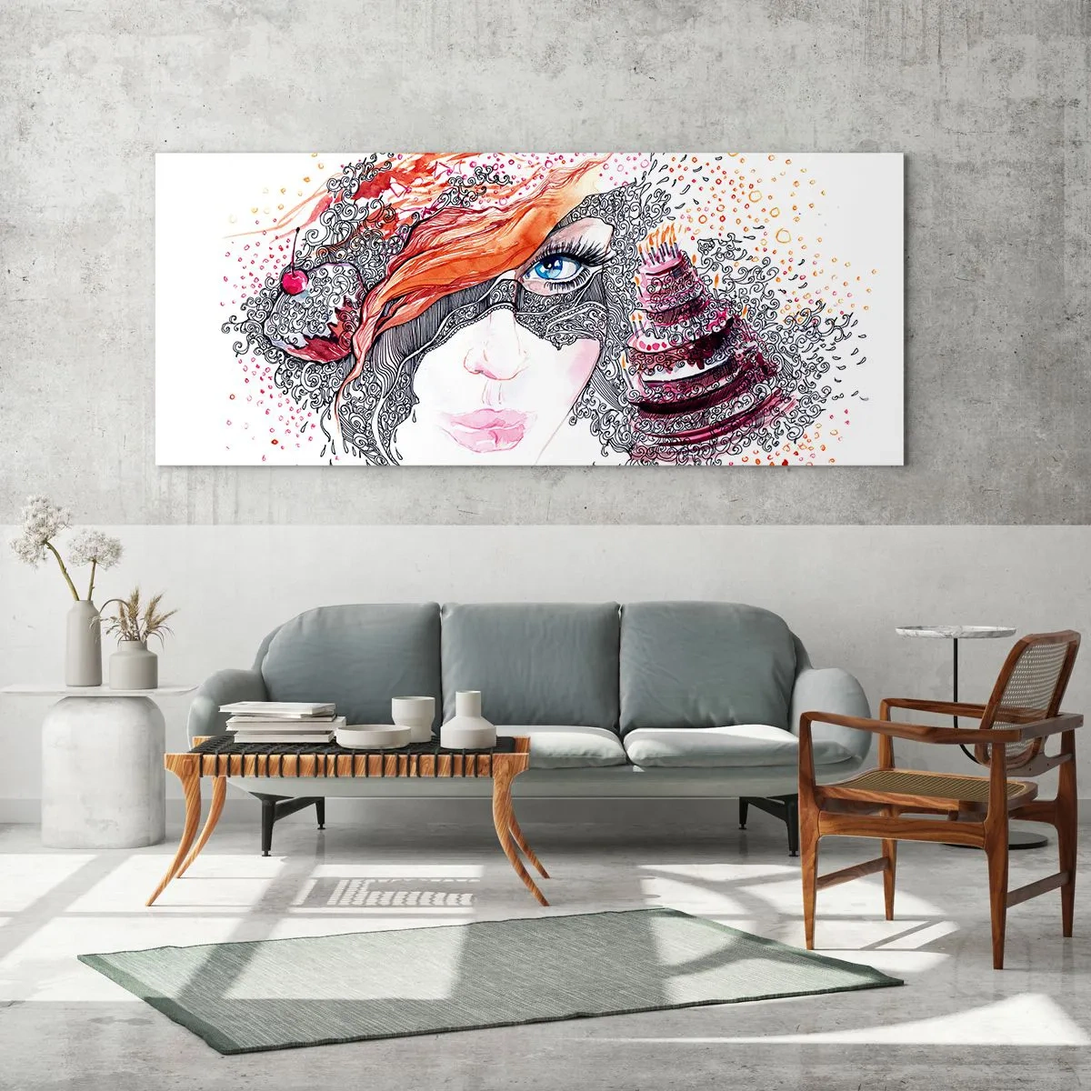 Obraz na szkle - Artystyczny portret kobiety z detalami i czerwonym akcentem - 160x50cm - Z nią codziennie jest święto - Nowoczesna dekoracja ścienna do salonu i sypialni ARTTOR