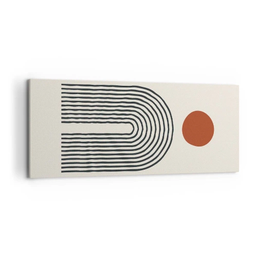 Obraz na płótnie - Nowoczesny abstrakcyjny wzór z liniami i czerwonym okręgiem - 120x50cm - Magnetyzm kształtów i barw - Nowoczesna dekoracja ścienna do salonu i sypialni ARTTOR